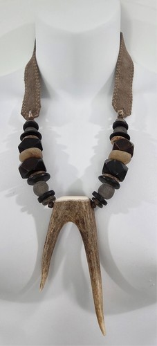 Twine & Twig Genuine Deer Antler Statement Necklace Boho Suede Leather 24"