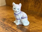 Fenton French Opalescent Satin Cat Figurine Hand Painted Purple Flowers Signed