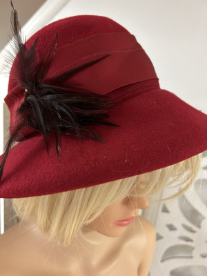 Vintage Ladies Hat Marida Red Wool Felt with Feather Cloche