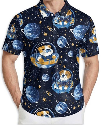 Men's Polo Shirt Space Bulldog Astronaut Golf Shirt Gift for Dog Lovers
