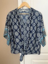 Max Studio Blue Geometric Tie Front Kimono Sleeve Blouse V-Neck Size 1X