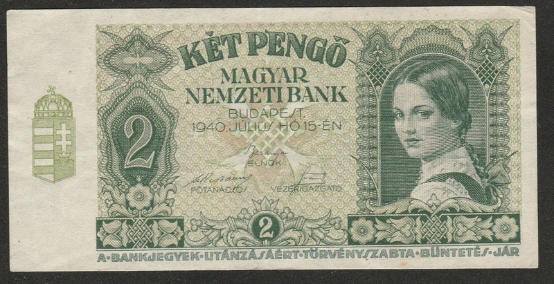 1940 HUNGARY 2 PENGO NOTE