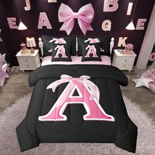 Kids Girls Black Pink Bow Comforter Set with Sheets Twin Size