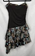 Vtg A. Byer Women's L Tiered Asymmetrical Mini Dress Brown Blue Abstract Y2K USA