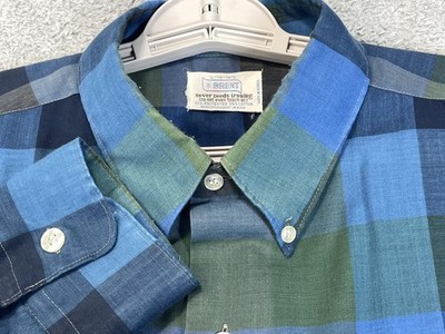 Vintage Brent Shirt Mens Large Blue Green Plaid Button Down Montgomery Ward 70s