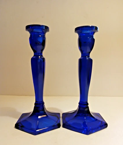 Pair Vintage Fenton Cobalt Blue Glass Candlesticks 8 1/2"