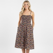 Old Navy Women Dress M Smocked Bodice Floral Midi Dress Navy Pink Yellow Boho