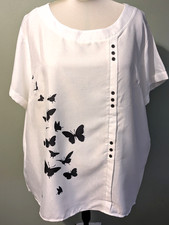 Shein White Butterfly Print Blouse 7XL UK 28/30 VGC Short Sleeve Top T-Shirt