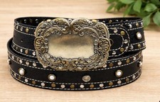 Vintage Style Studded Leather Belt Ornate Western Buckle Black 31.5-35.5 Waist