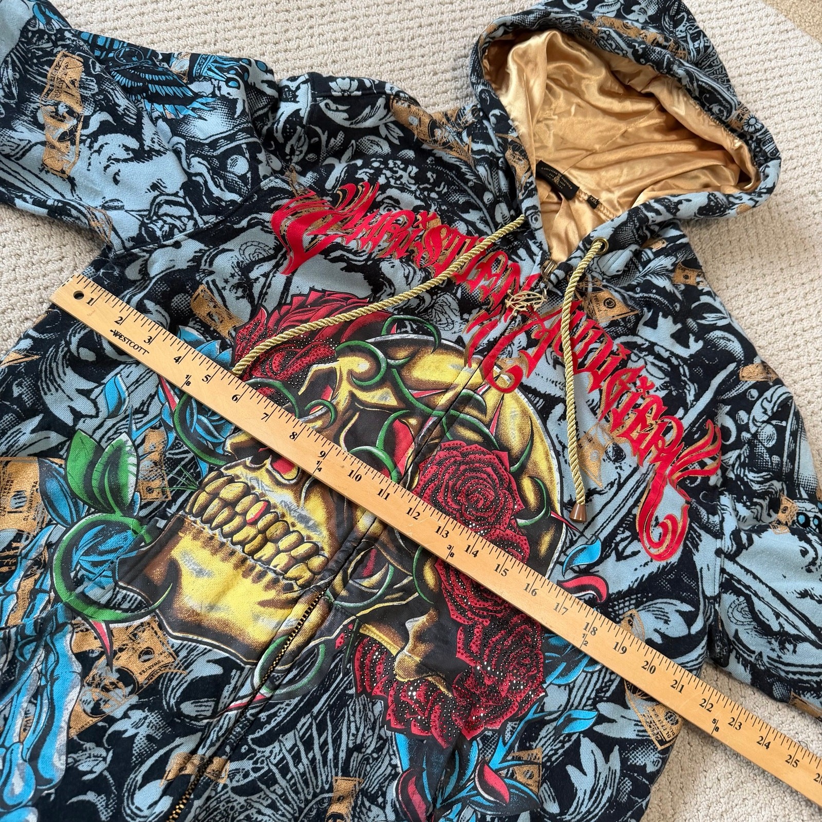 Y2K Christian Audigier Zip Up Hoodie XXL Skull AOP Be… - Gem