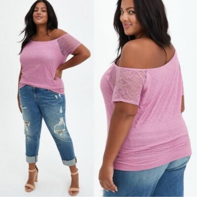Torrid Off Shoulder Knit Lace Sleeve Tee Size 2X Pink Floral Bohemian 2021 Top