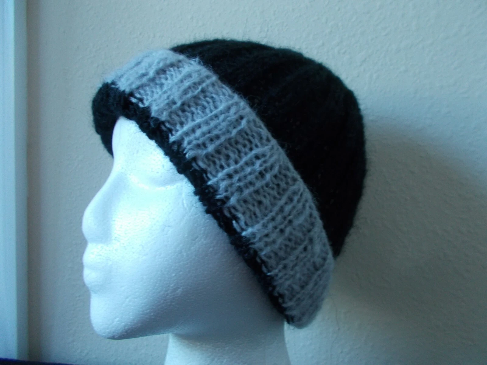 Hand knitted cozy & warm mohair blend beanie/hat, black with gray, small