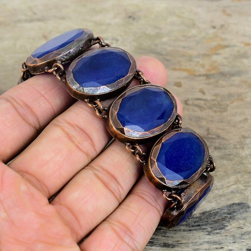 Copper Natural Blue Saphire Engagement Chain Bezel Boho Electroformed Bracelet - Picture 4 of 6