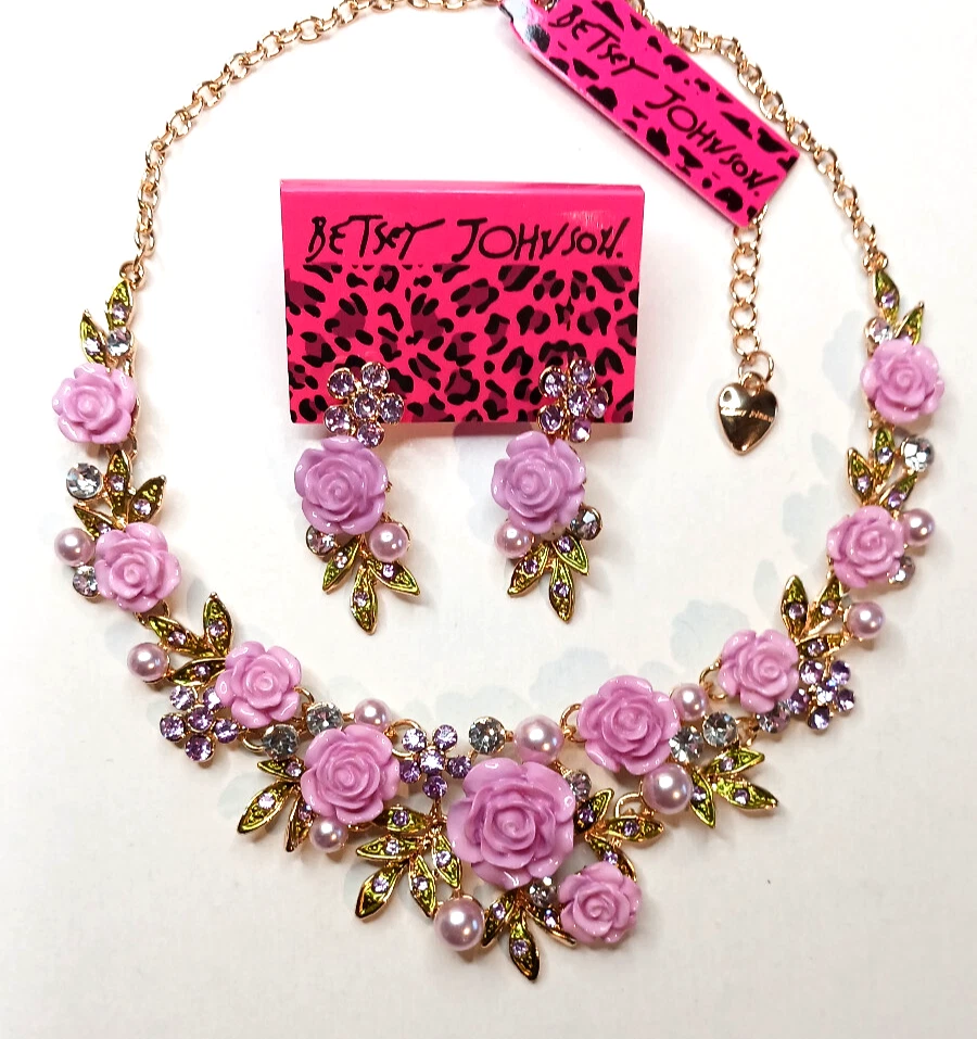 Juego de aretes collar Betsey Johnson diamantes de imitación gargantilla perlas flores rosa púrpura Foto 3 de 4