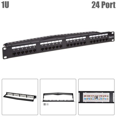 1U 19'' 24-Port Cat6 Unshielded Patch Panel 110 Type Rack Mount Wire Support Bar