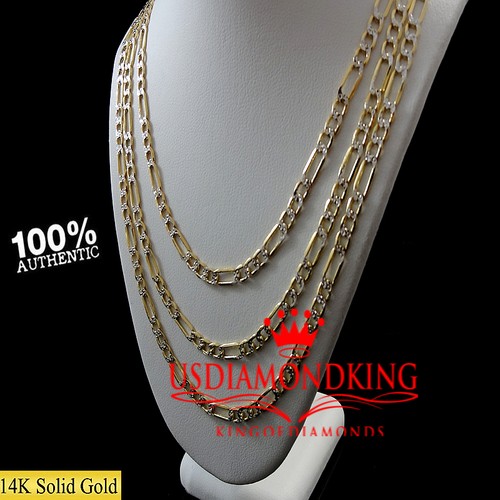 Men's Ladies 14k Pave 100% Real Gold Hollow Figaro Cuban Link Chain Necklace New - Picture 6 of 11