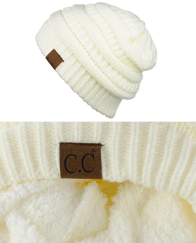 Gorro CC para mujer forrado de vellón grueso suave elástico tejido con cable cálido borroso gorro Foto 2 de 4