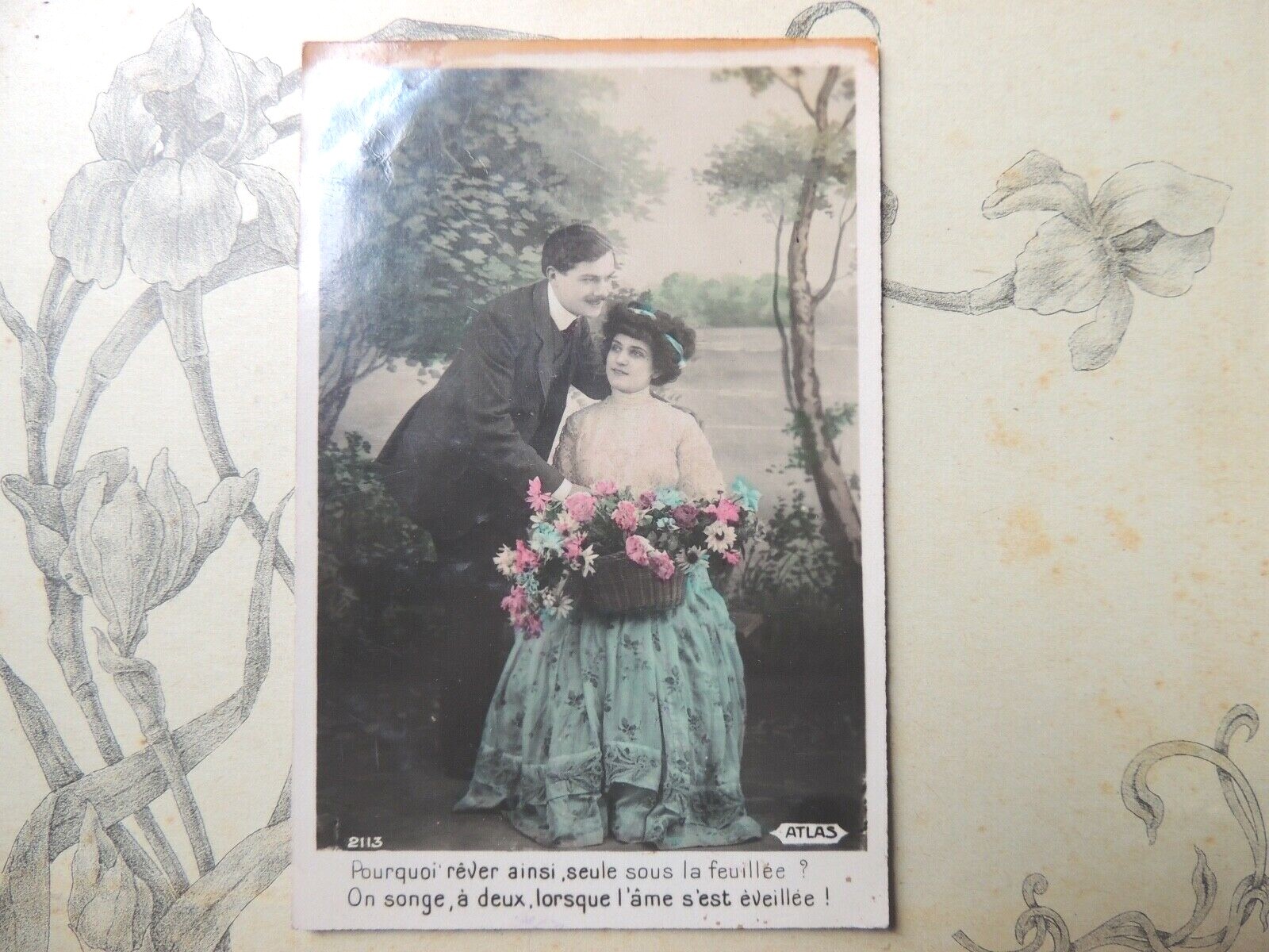 Antique Fancy Postcard Couple Bouquet of Flowers 1900