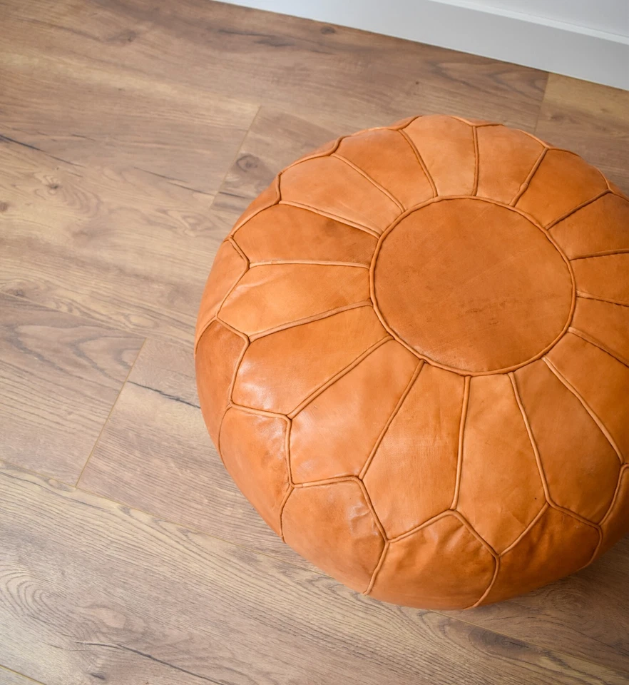 Scandinavian Leather Pouffe XL Sand Brown- Delivered Stuffed, Ottoman, Footstool - Image 3 of 4