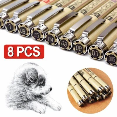 Set of 8 Sakura Pigma Micron Pens - Fineliner Drawing Pen Black Archival Ink