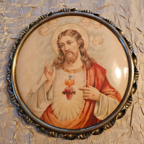 Antique French Sacred Heart of Jesus Domed Enamel Wall Plaque Ornate Brass Frame