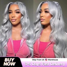Silver Grey Vietnamese HumanHair Wig Bod Wave 13x6 Lace Front Pre Plucked 180 