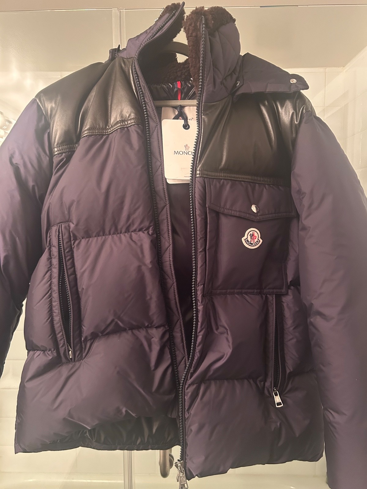 Moncler Puffer Jacket Navy with Brown Leather with Hood 4 image 5