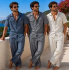 Mens Cotton Linen Summer Tracksuit Shirts Tops Trousers Beach Holiday Outfit Set
