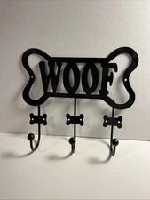 “WOOF” Black Metal Wall Mount Dog Leash Holder (mounting hardware Not Included)