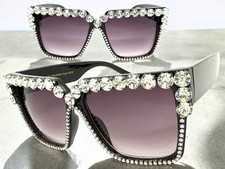 Oversized Exaggerated Retro Funky Bling SUNGLASSES Big Black Frame  Rhinestone