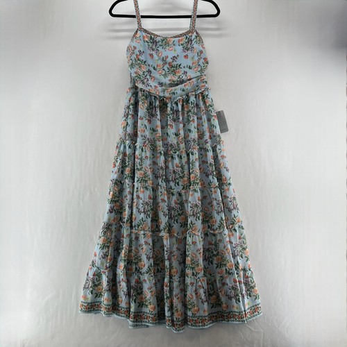 Max Studio Floral Tiered Midi Dress Women S Smocked Ruffle Lined Sleeveless Blue