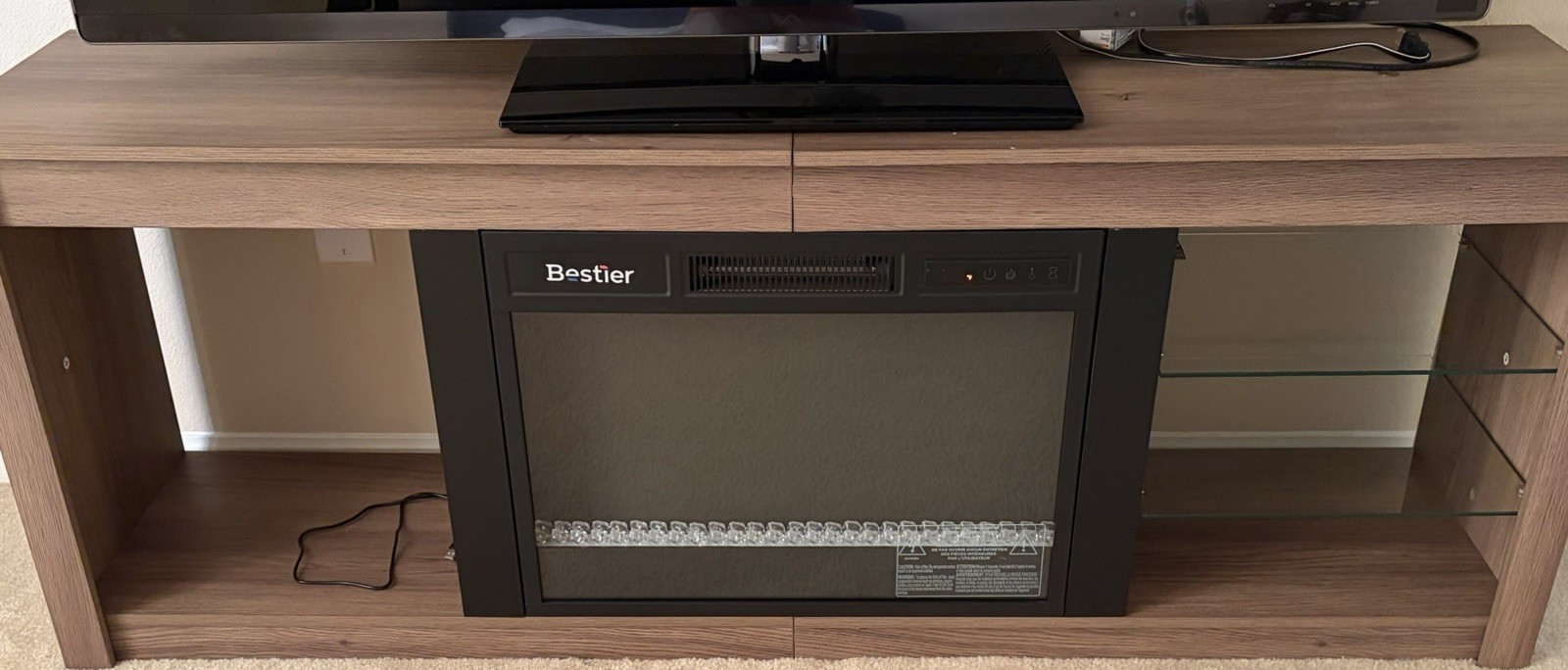 With Electric Fireplace & Glass Shelves, Modern