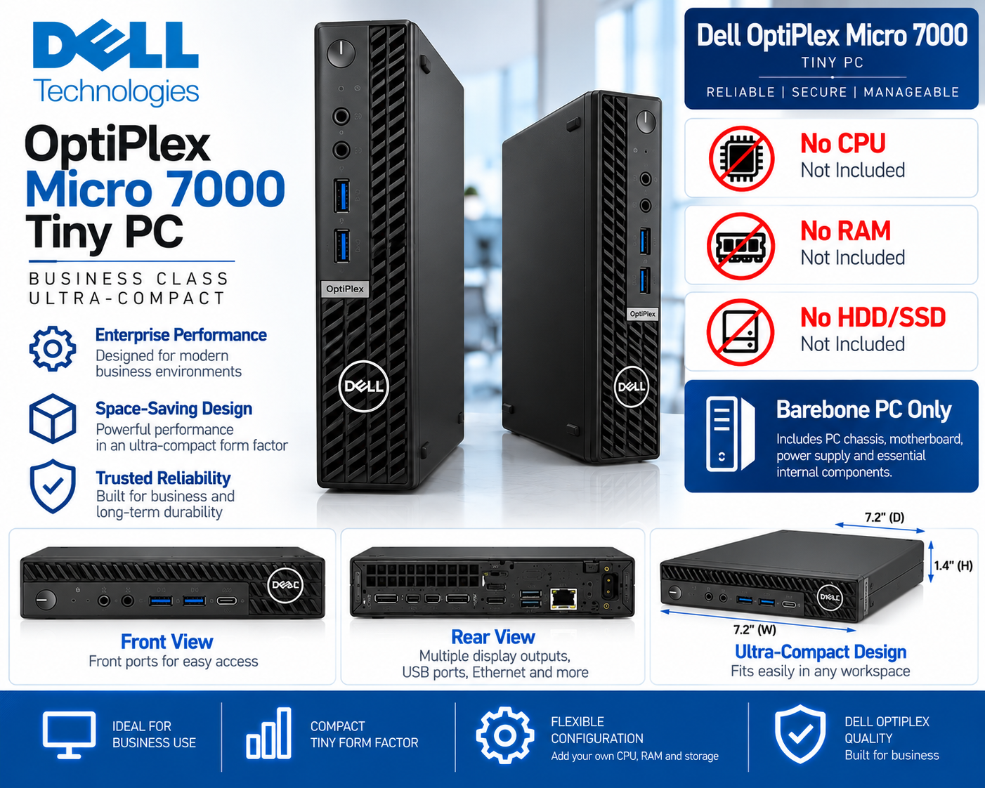Computer Box Ports NEW Dell OptiPlex Micro 7000 Tiny PC - No CPU/RAM/HDD - Barebone PC ...