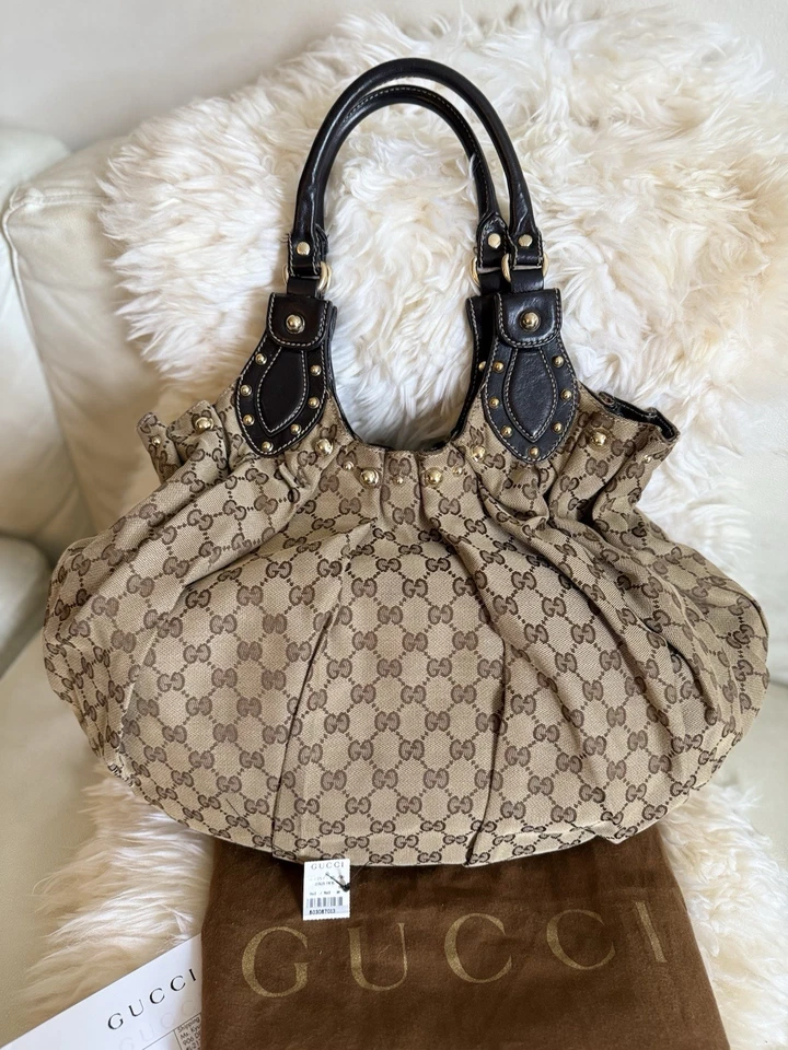 Gucci Pelham Large Shoulder Bag With Stud Detail Beige Ebony GG Brown Leather - Image 2 of 4