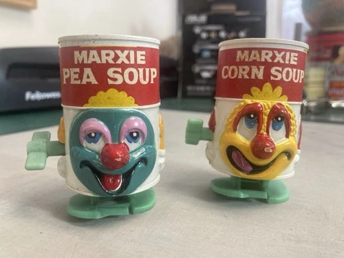 SET OF 2 VINTAGE 60s MARX TOYS WIND-UP WALKING MARXIE PEA SOUP & CORN SOUP CANS