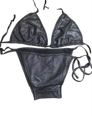 Grey Shiny Metallic Women Swimsuit Bikini Beach Dance Clubwear Stripper Triangle
