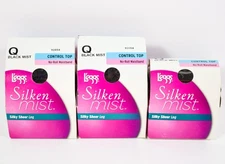 3 L'eggs Silken Mist ControlTop Silky Sheer Leg NoRoll Waistband BLACK MIST Sz Q