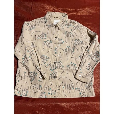 Monki Jacket Womens M Cream Hand Print Snap Front Collared Casual Overshirt