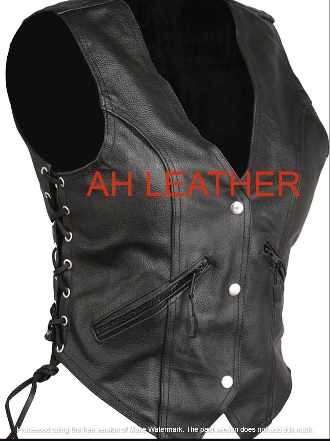 Black Genuine Leather Biker Vest with Side Laces & Zipper Pockets Western style