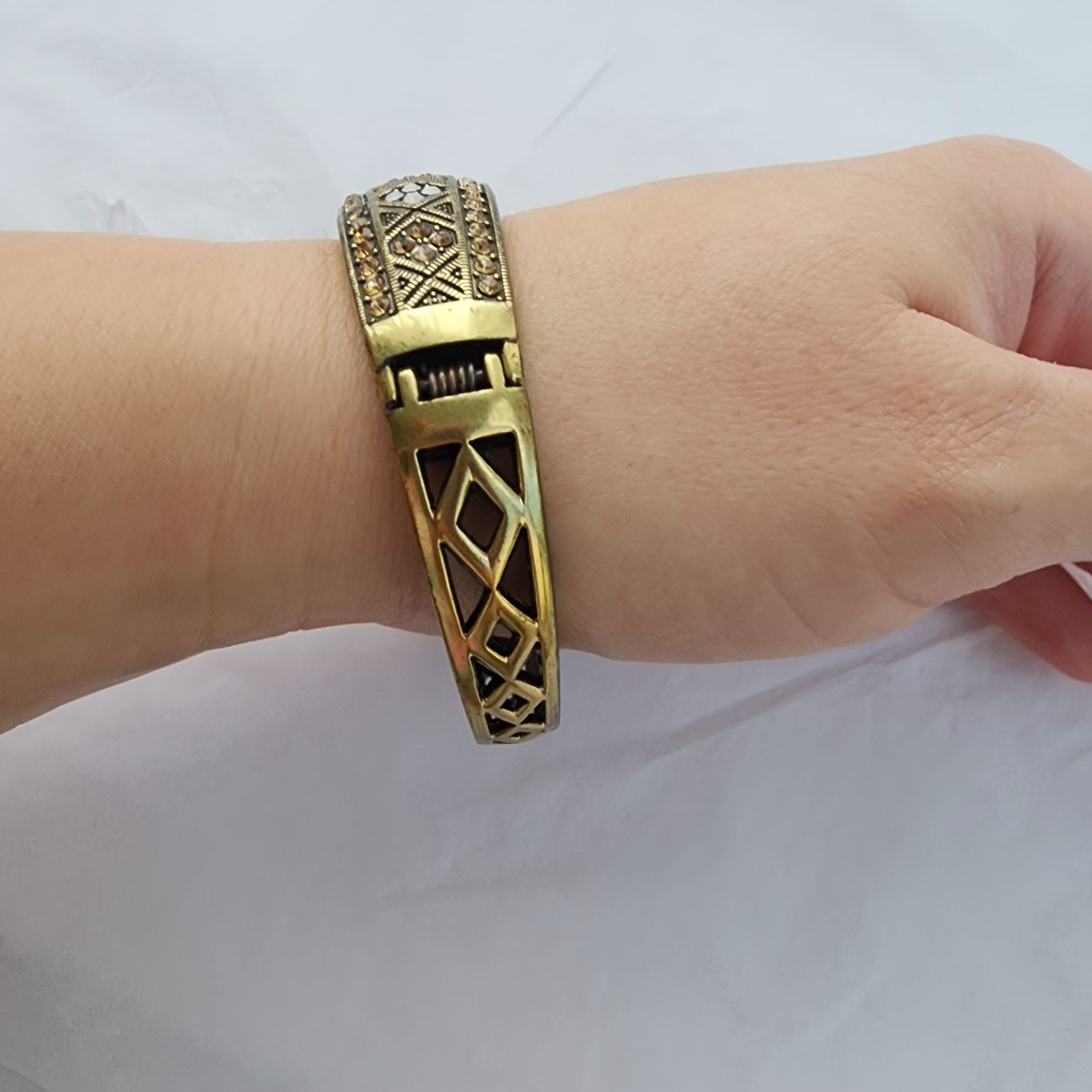 Heidi Daus Bangle Bracelet Hinge Gold Bronze Whit… - image 5