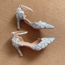 Light blue lace pearl flower pointed-toe ankle-strap high-heeled women's sandals