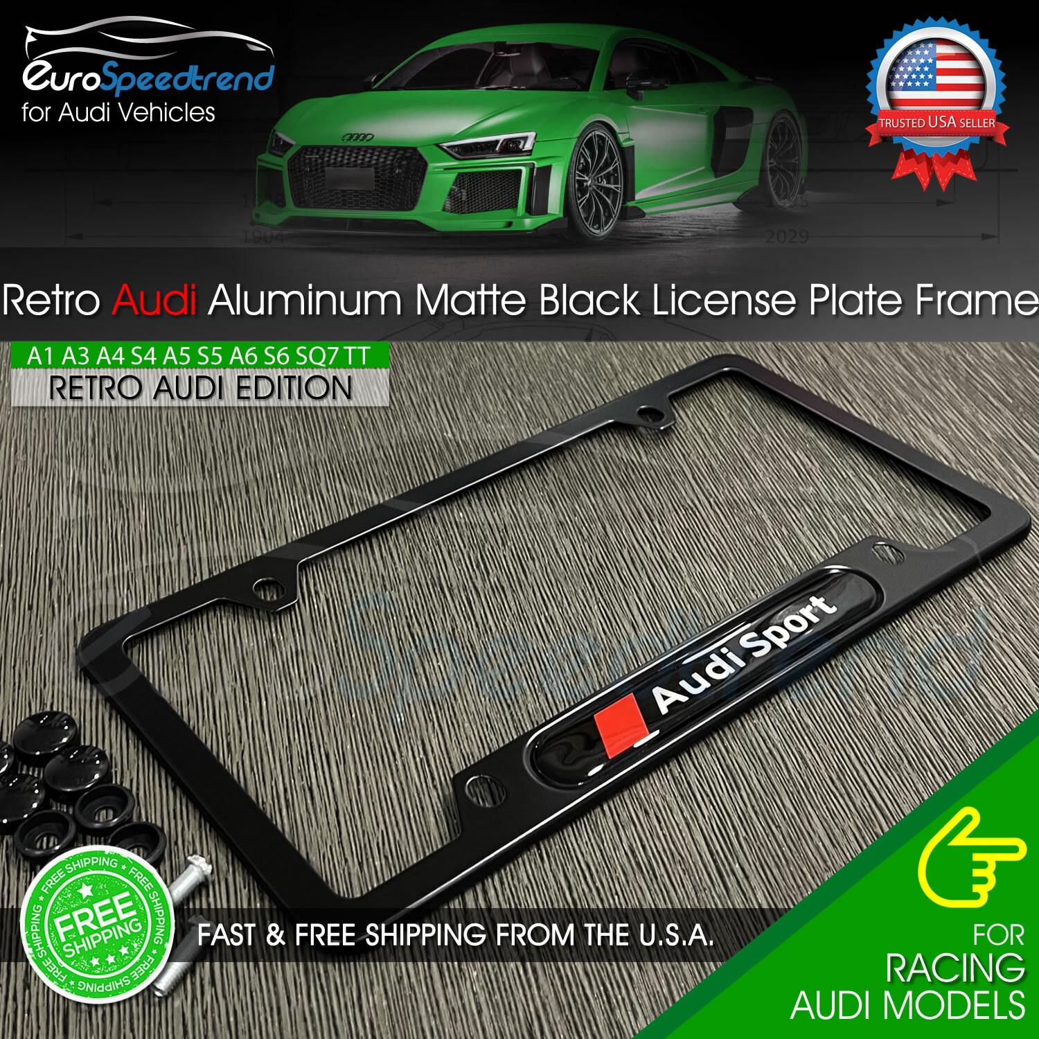 Audi Sport License Plate Frame Matte Black Logo Front or Rear 3D Emblem