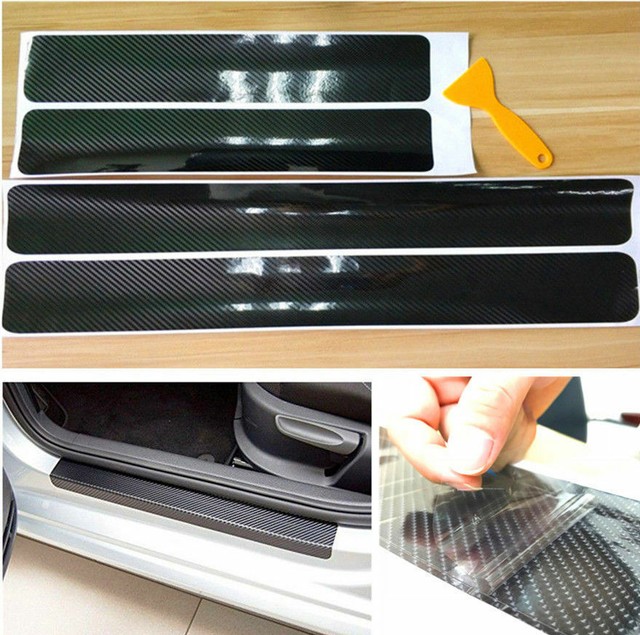 4Pcs 4D Carbon Fiber Black Car Door Sill Scuff Plate Cover Anti Scratch