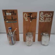 3 pc Handmade bathroom Cotton Ball, Toothbrush Q-Tip holders w/Mason jars.