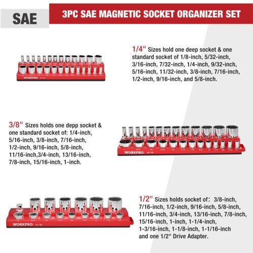Magnetic SAE Socket Organizer Set 3PC 1/4" 3/8" 1/2" Dr for Standard & Deep Size - Picture 3 of 9