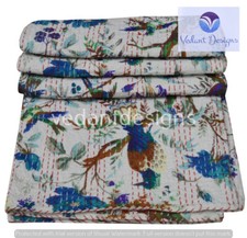 Vintage Bird Print Kantha Quilt Blanket Indian Bedspread Coverlet Throw Art