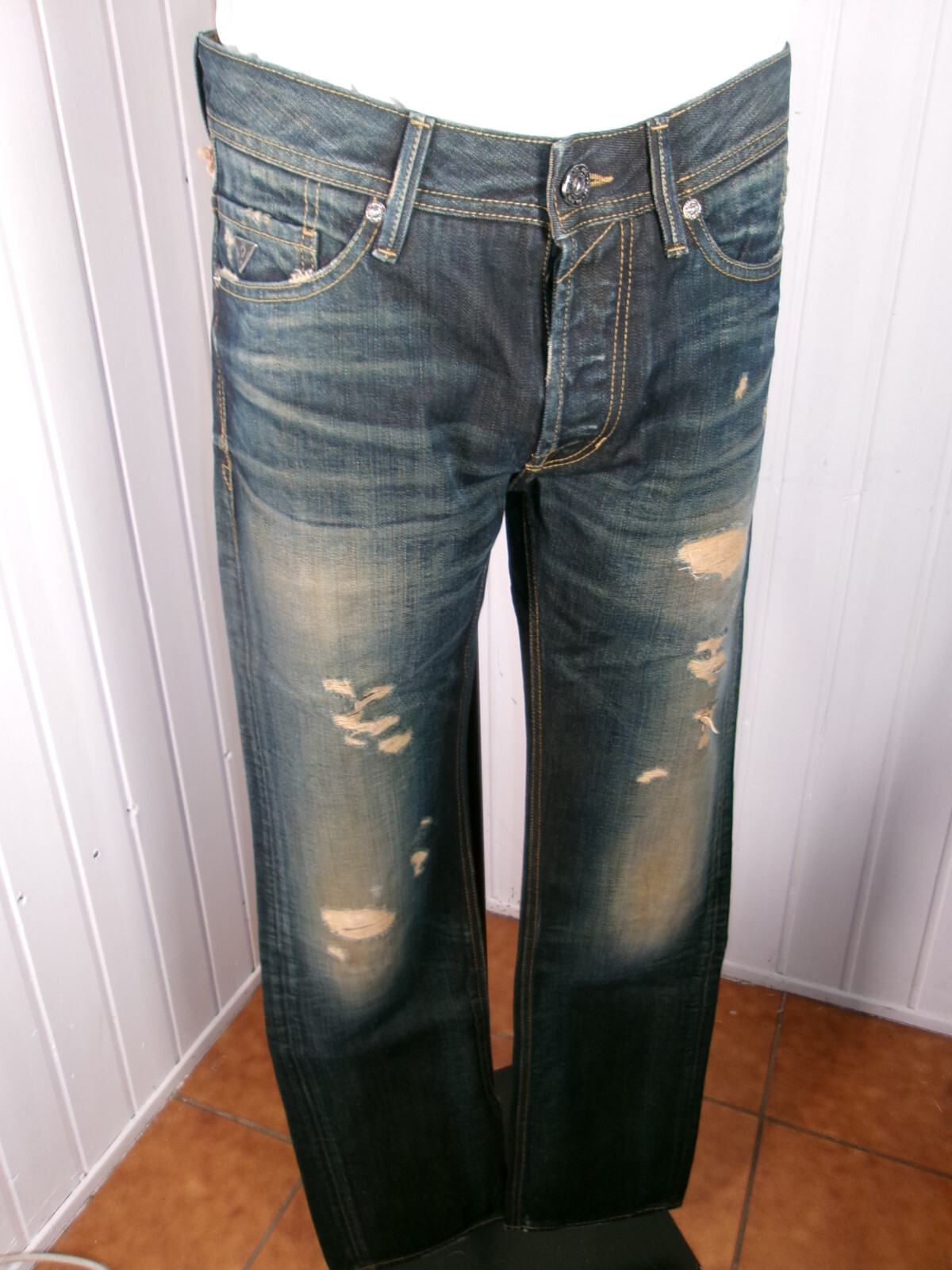Pantalon jean bleu troué délavé Taille haute GUESS REBEL straight W31 40/42