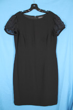 TAHARI Black CREPE Sheer SILK & SEQUIN CAP SLEEVE Zip Back SHEATH DRESS Sz 10