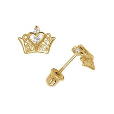 14K Yellow White Gold Beautiful CZ Crown Stud Earrings for Women