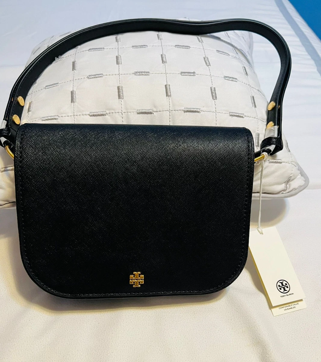 Tory Burch Women’s Emerson Zip Shoulder Bag (Black) With Gold Tone Hardware